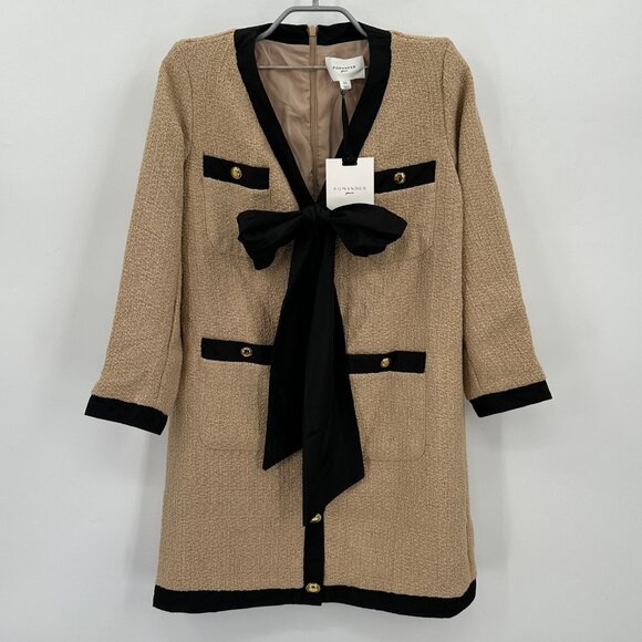 Tuckernuck Dresses & Skirts - Pomander Place by Tuckernuck Tan Coco Tweed Bow Dress XS Long Sleeve NWT